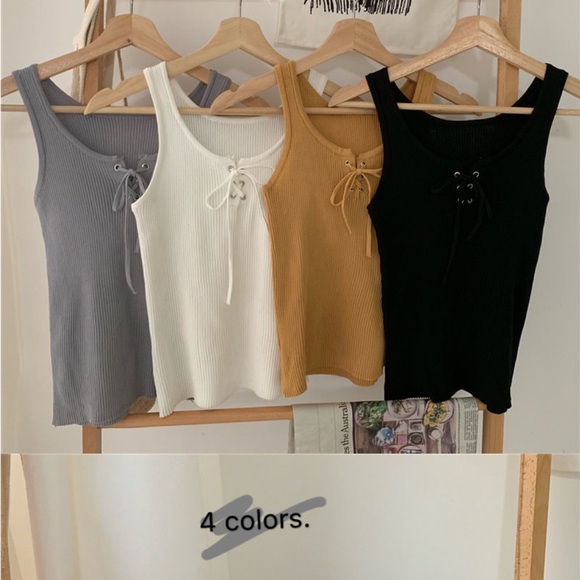 YesStyle Grey Lace Up Front Tank Top - Picture 2 of 2